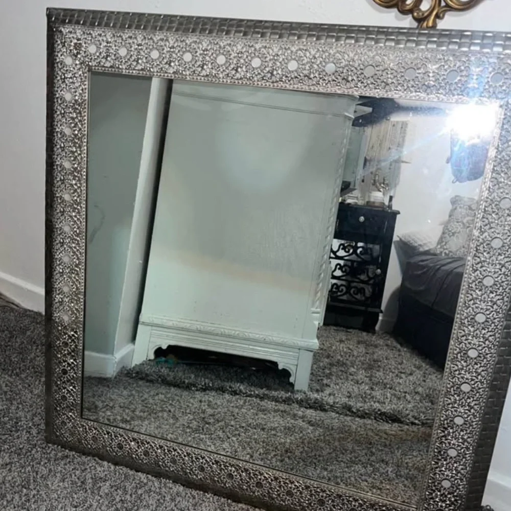 Large Moroccan Ornate Metal Wall Mirror Silver